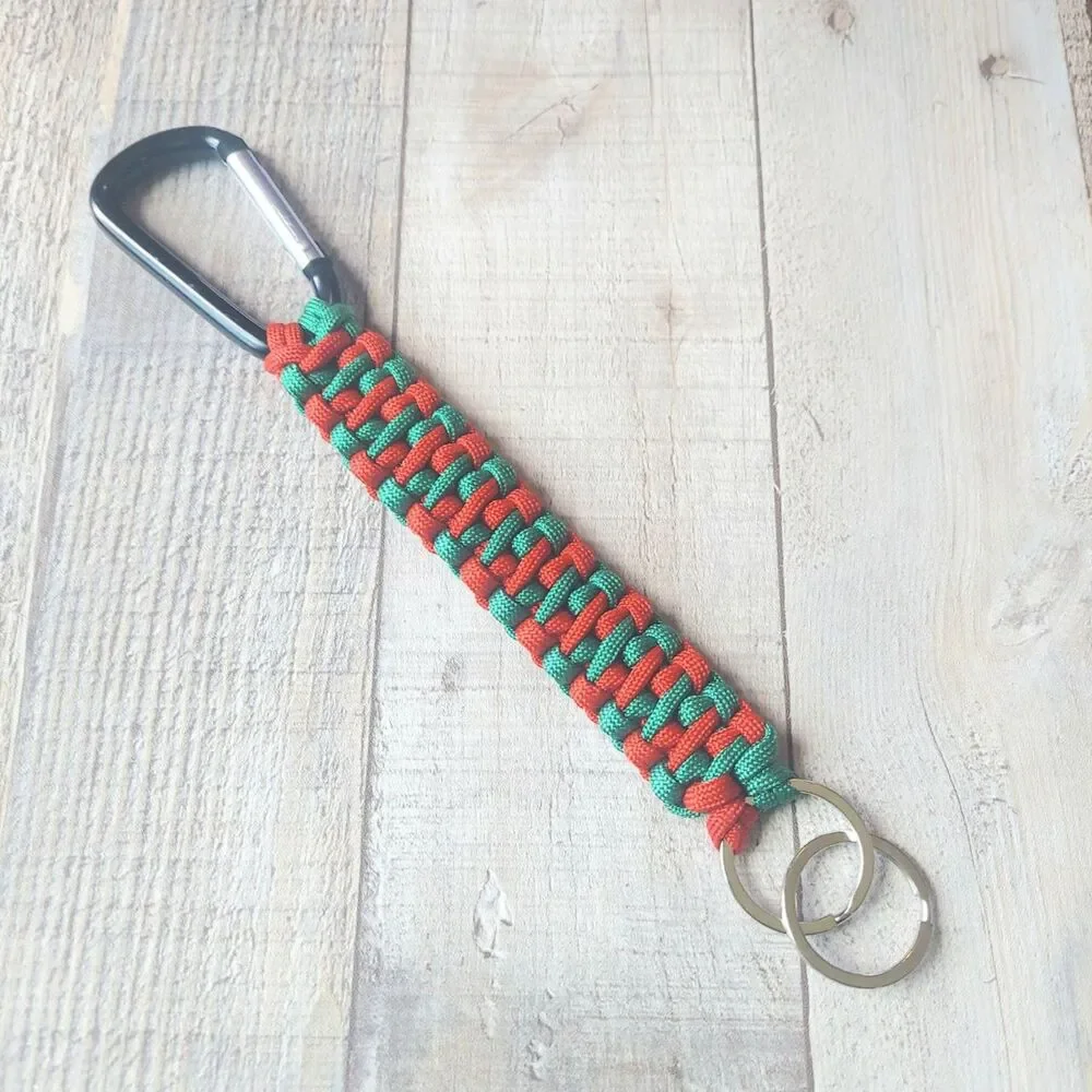 Handmade Paracord Keyholder Carabiner Clip & Keyring Red and Green Christmas